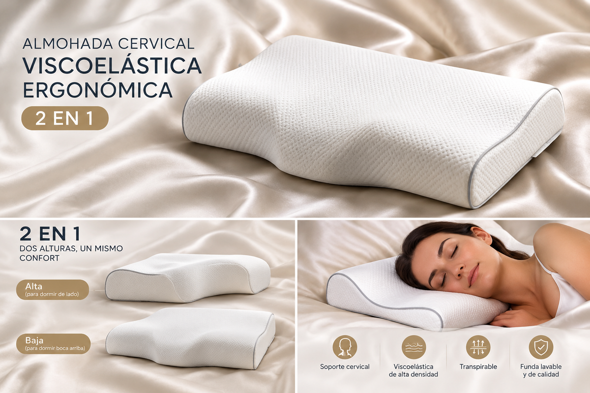 Almohada Cervical Viscoelástica Ergonómica 57x36x12 cm, Mariposa, Soporte Cuello y Hombros, Funda Lavable, Antironquidos